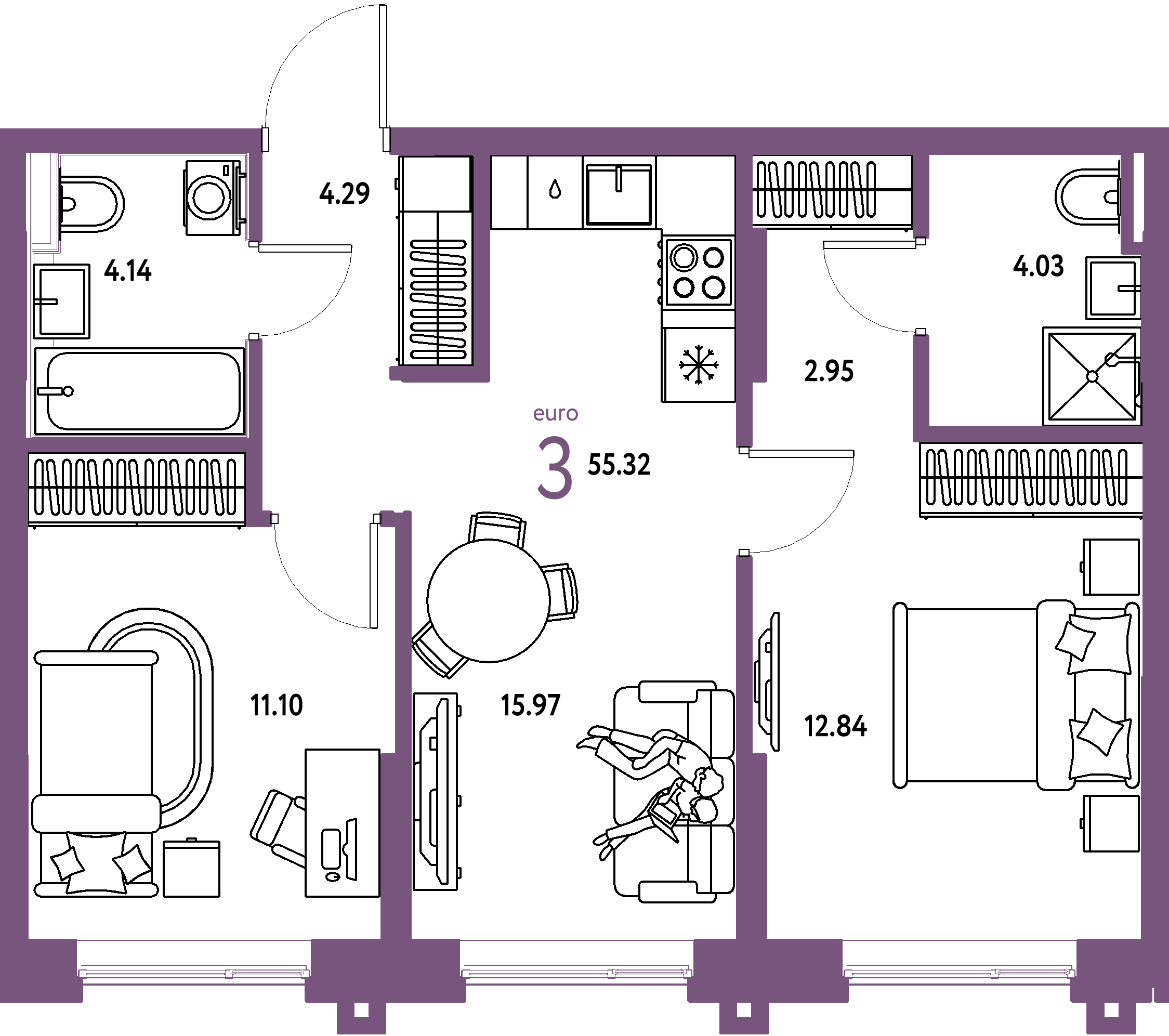 3-комнатнаяквартира55.32м²